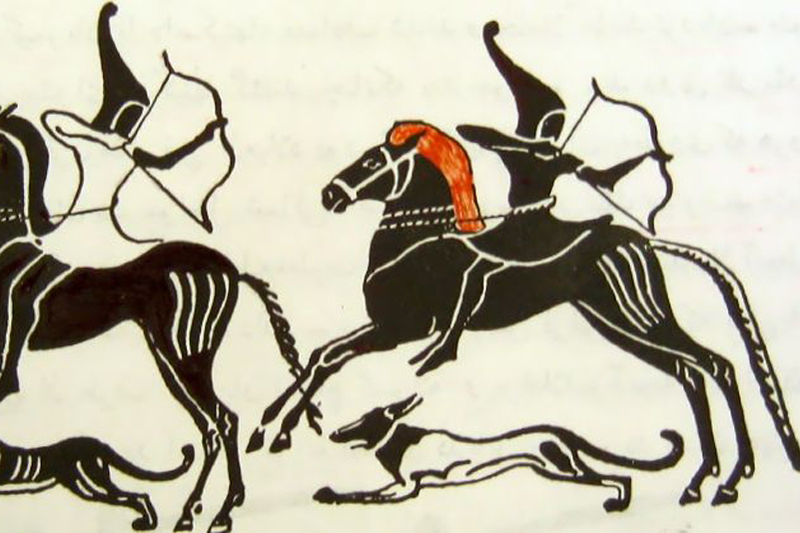 Preszkíta (kimmer) harcosok ábrázolása egy görög vázán (Forrás: Wikipedia)